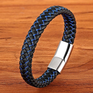 New Men Jewelry Punk Black Blue Braided Leather Bracelet for Men Stainless Steel Magnetic Clasp Fashion Bangles Gifts 6 Colors