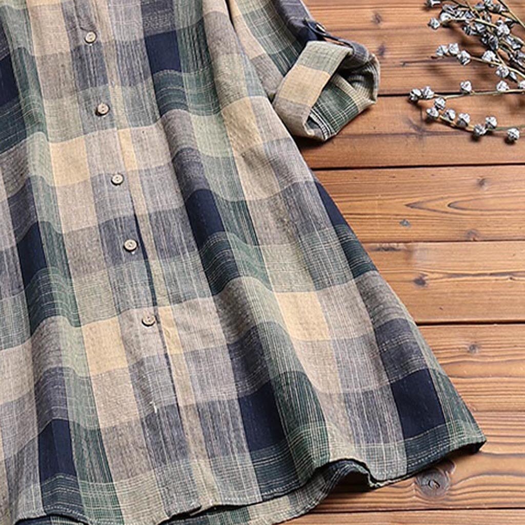 JAYCOSIN blouses Women autumn fashion plus size Print Plaid Long Sleeve Turn-down Collar Button Loose Top Shirt vadim shein 9717