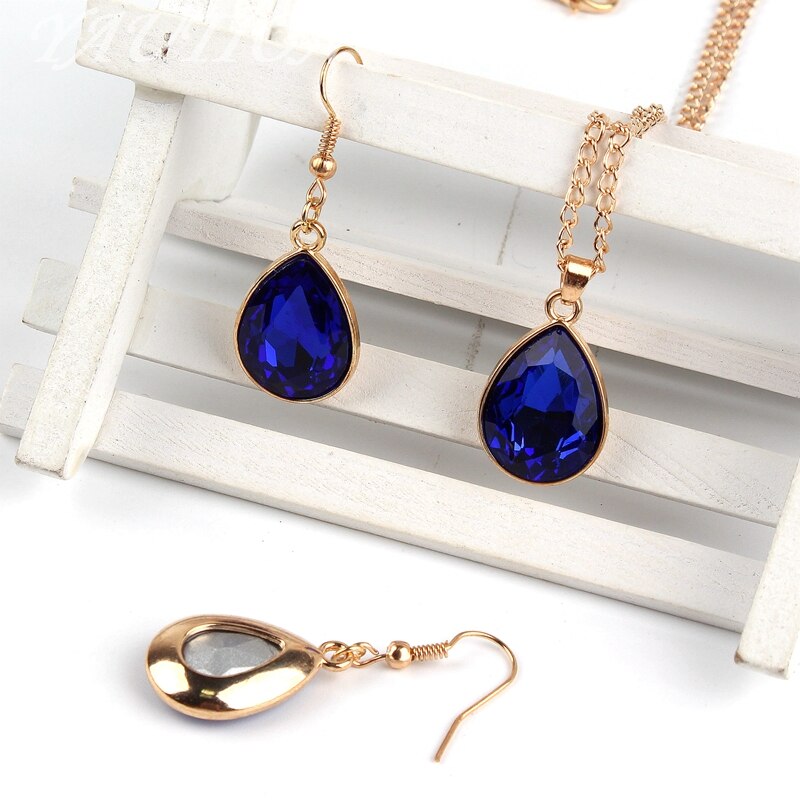 1 set Rose Gold Water drop Pendant Necklace & earrings Fashion Jewelry blue