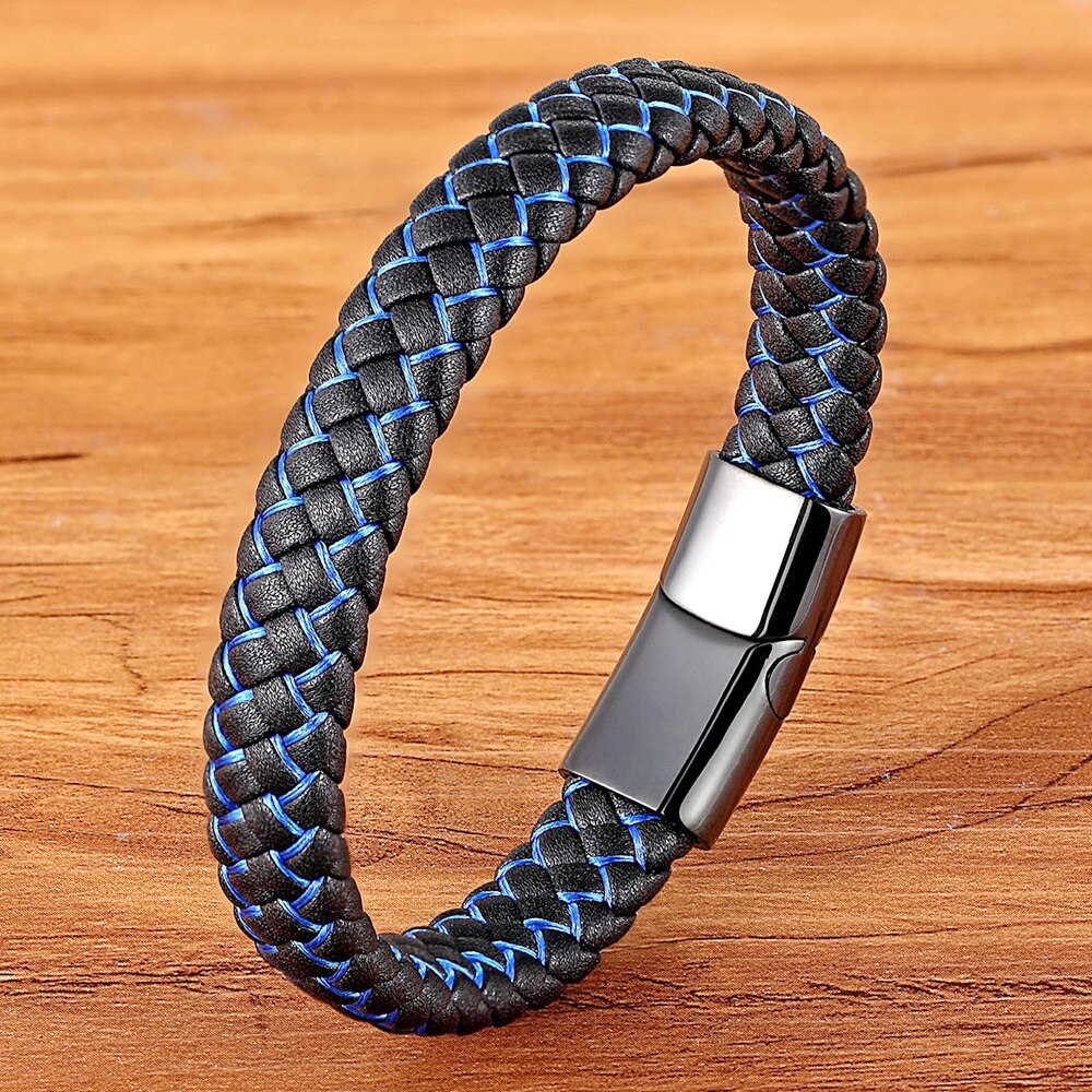 New Men Jewelry Punk Black Blue Braided Leather Bracelet for Men Stainless Steel Magnetic Clasp Fashion Bangles Gifts 6 Colors