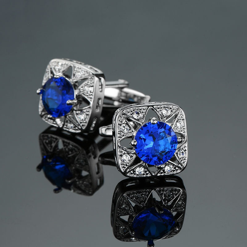 Novelty Luxury Blue white Cufflinks for Mens Brand High Quality crown Crystal gold silvery Cufflinks Shirt Cuff Links