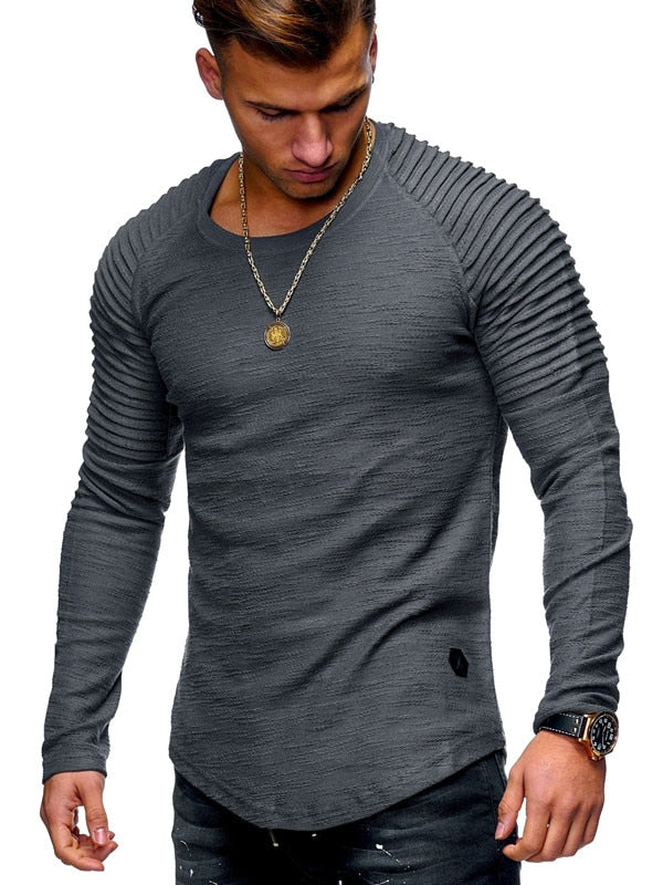 Hot 2020 Solid Color Sleeve Pleated Patch Detail Long Sleeve T-Shirt Men Spring Casual Tops Pullovers Fashion Slim Basic Tops