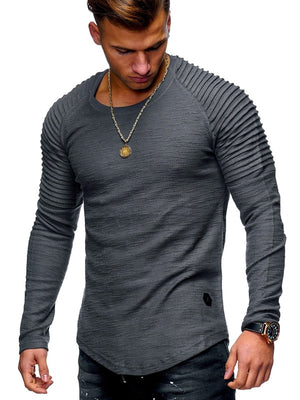 Hot 2020 Solid Color Sleeve Pleated Patch Detail Long Sleeve T-Shirt Men Spring Casual Tops Pullovers Fashion Slim Basic Tops