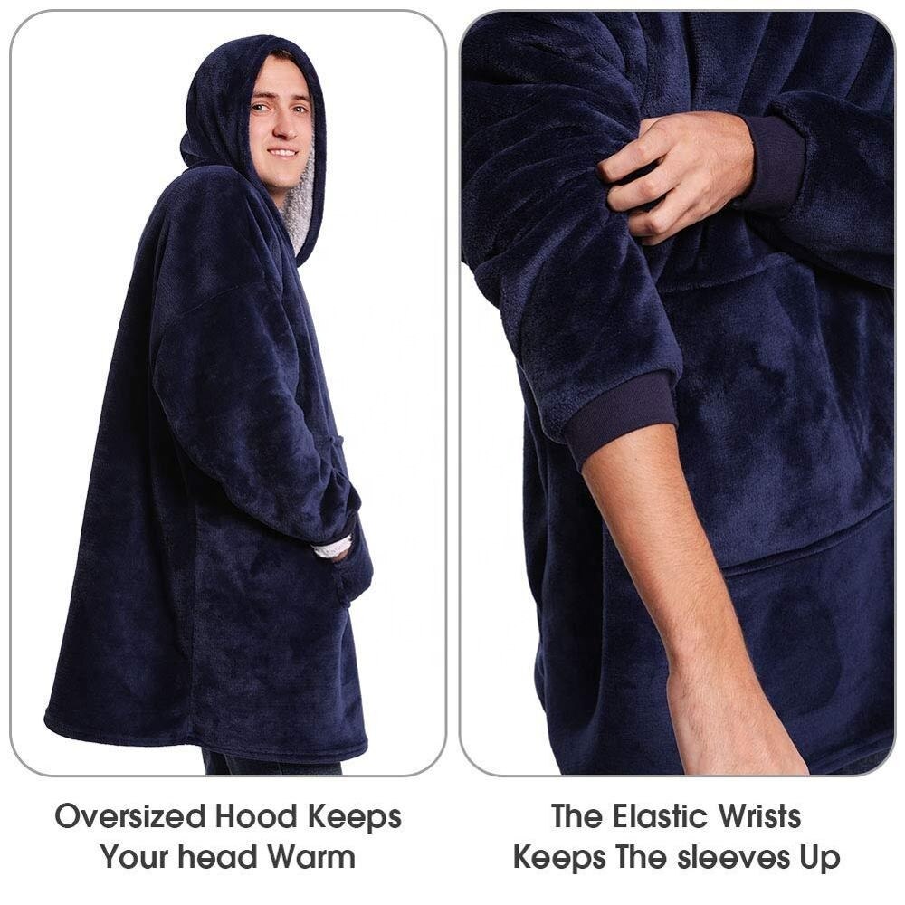 Microfiber Plush Coral Fleece Sherpa Blanket With Sleeves Super Soft Warm Outdoor Pocket Hoodie Adult Winter Hooded TV Blankets