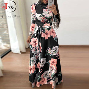 Women Summer Maxi Dress 2021 Casual Short Sleeve Boho Floral Print Long Dress Turtleneck Bandage Elegant Party Dresses Vestidos
