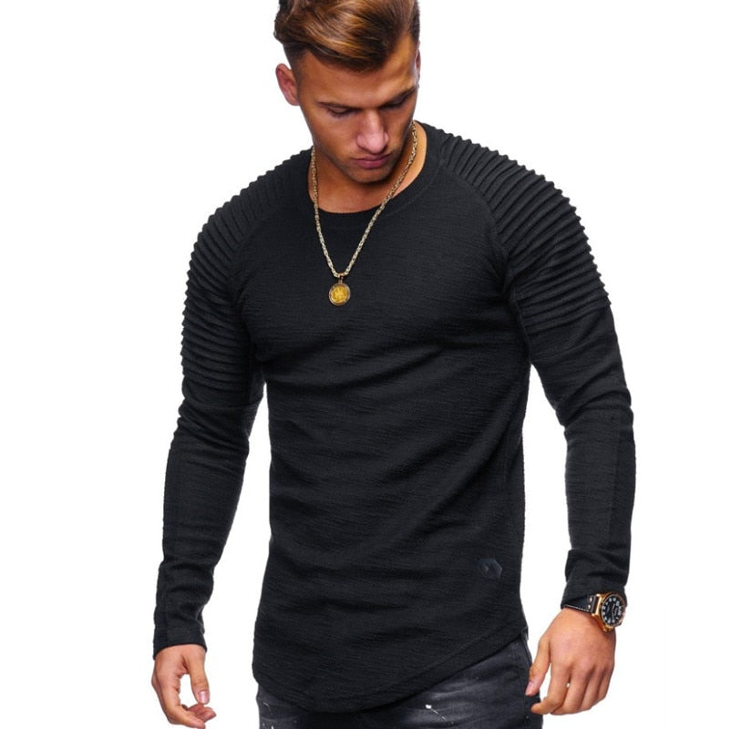 Hot 2020 Solid Color Sleeve Pleated Patch Detail Long Sleeve T-Shirt Men Spring Casual Tops Pullovers Fashion Slim Basic Tops