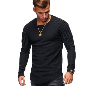 Hot 2020 Solid Color Sleeve Pleated Patch Detail Long Sleeve T-Shirt Men Spring Casual Tops Pullovers Fashion Slim Basic Tops