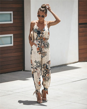 Été printemps femmes Sexy dos ouvert col en v profond fronde coton longues barboteuses femmes combinaison cordon fleur femmes vêtements
