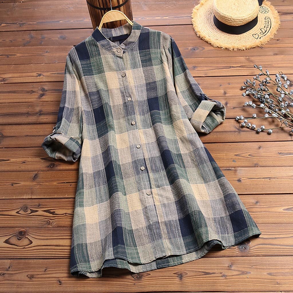 JAYCOSIN blouses Women autumn fashion plus size Print Plaid Long Sleeve Turn-down Collar Button Loose Top Shirt vadim shein 9717