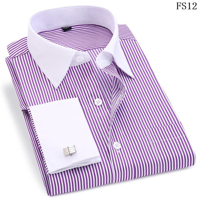 Men French Cufflinks Shirt 2020 New Men's Stripes Shirt Long Sleeve Casual Male Brand Shirts Slim Fit French Cuff Dress Shirts