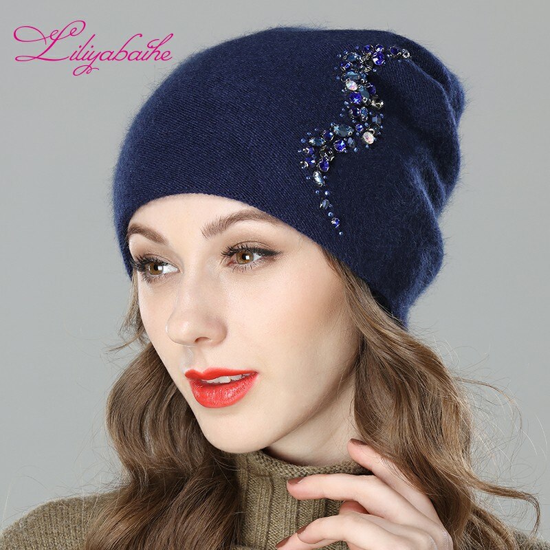 LILIYABAIHE Women Autumn And Winter Hat angora Knitted Skullies Beanies Cap Sexy beard diamond decoration hats for Girls