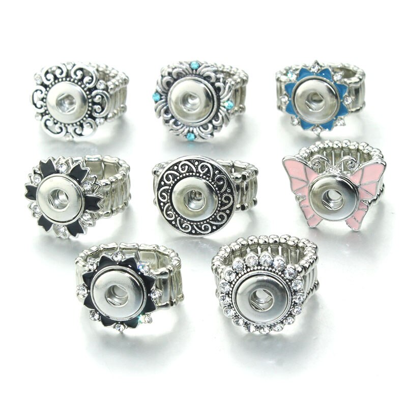 Vintage Crystal DIY Elastic Adjustable Snaps Ring Fit 12mm Metal Snap Buttons Women's Fashion Jewelry Men's Ring 8128