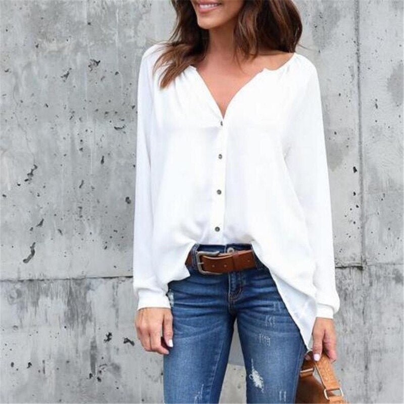 Plus Size 5XL Women's Blouse Long Sleeve Blusas Mujer De Moda 2019 V Neck Women's Shirt Shein Casual Button Chiffon Blouse Tops