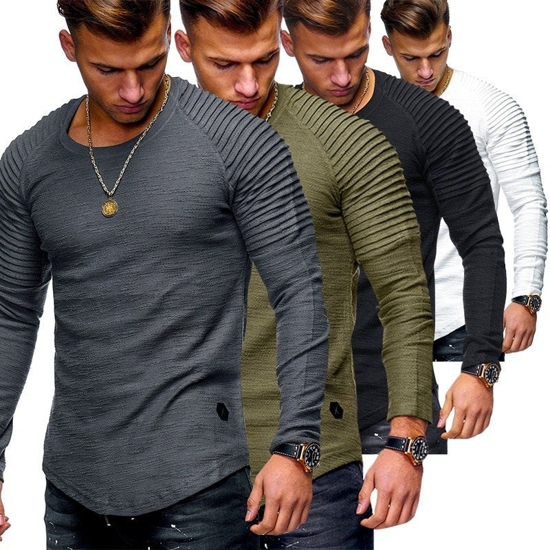 Hot 2020 Solid Color Sleeve Pleated Patch Detail Long Sleeve T-Shirt Men Spring Casual Tops Pullovers Fashion Slim Basic Tops