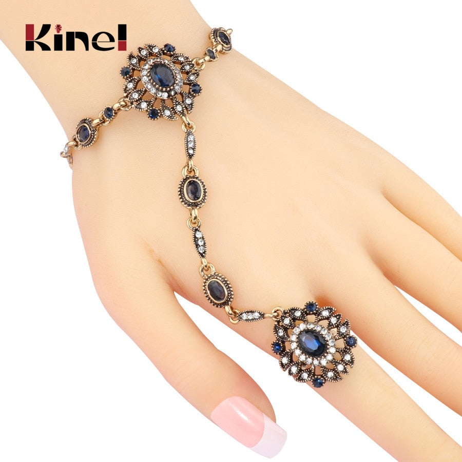 Kinel Turkish Jewelry Set Blue Main Stone Bracelet Link Ring For Women Antique Gold Mosaic Crystal Vintage Wedding Jewelry