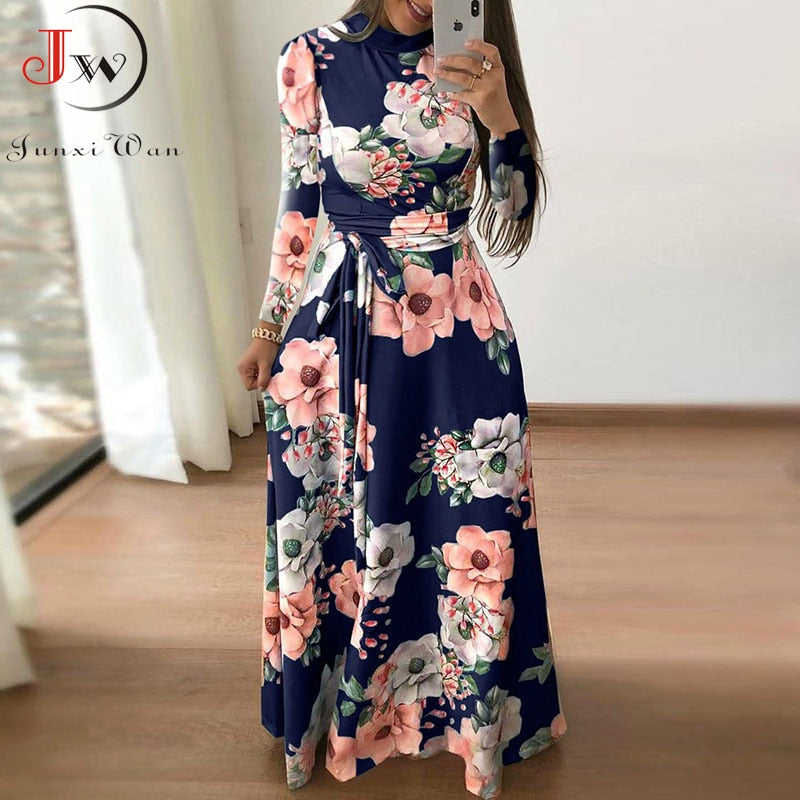 Women Summer Maxi Dress 2021 Casual Short Sleeve Boho Floral Print Long Dress Turtleneck Bandage Elegant Party Dresses Vestidos