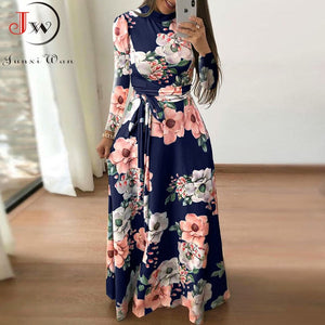 Women Summer Maxi Dress 2021 Casual Short Sleeve Boho Floral Print Long Dress Turtleneck Bandage Elegant Party Dresses Vestidos