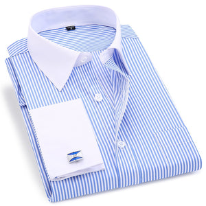 Men French Cufflinks Shirt 2020 New Men's Stripes Shirt Long Sleeve Casual Male Brand Shirts Slim Fit French Cuff Dress Shirts