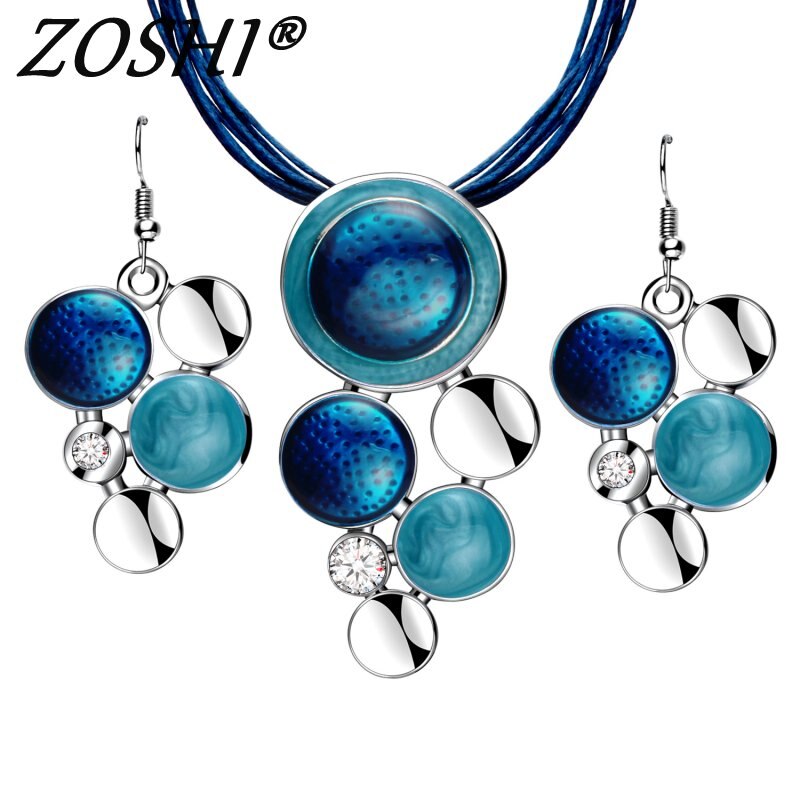 Fashion Brand Jewelry Sets Blue Rope Chain Round Beads Pendant Necklace Drop Earring High Quality Free Shipping Wedding Jewelry
