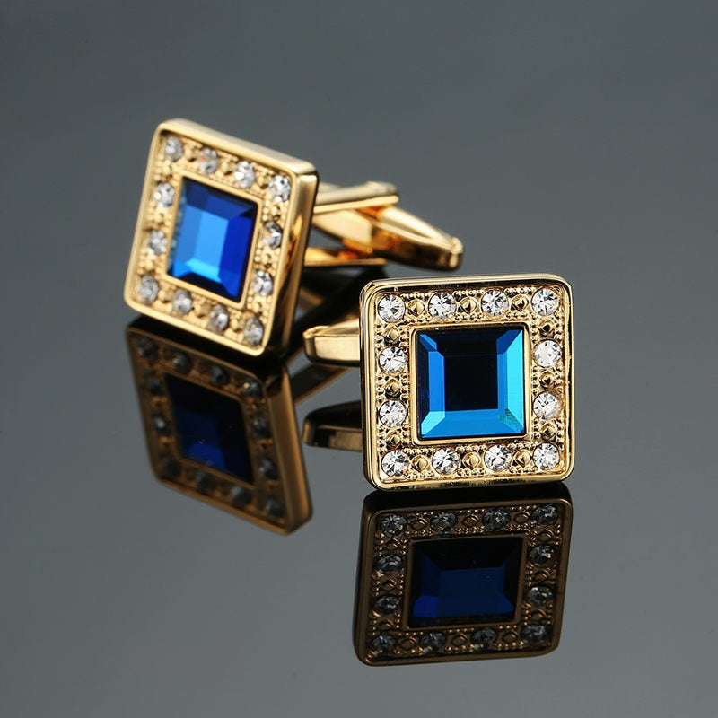 Novelty Luxury Blue white Cufflinks for Mens Brand High Quality crown Crystal gold silvery Cufflinks Shirt Cuff Links