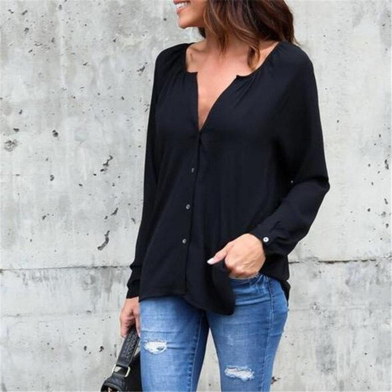 Plus Size 5XL Women's Blouse Long Sleeve Blusas Mujer De Moda 2019 V Neck Women's Shirt Shein Casual Button Chiffon Blouse Tops