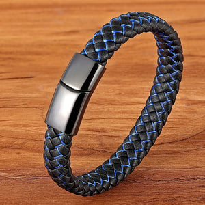New Men Jewelry Punk Black Blue Braided Leather Bracelet for Men Stainless Steel Magnetic Clasp Fashion Bangles Gifts 6 Colors