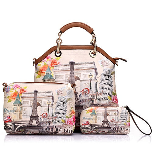 REALER woman 3 pcs printed handbag women large tote bag artificial leather shoulder messenger bags female small coin purse