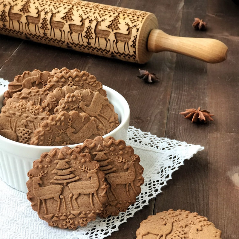 New Leaf Christmas Deer Wooden Rolling Pin Embossing Baking Cookies Noodle Biscuit Fondant Cake Dough Patterned Roller Snowflake