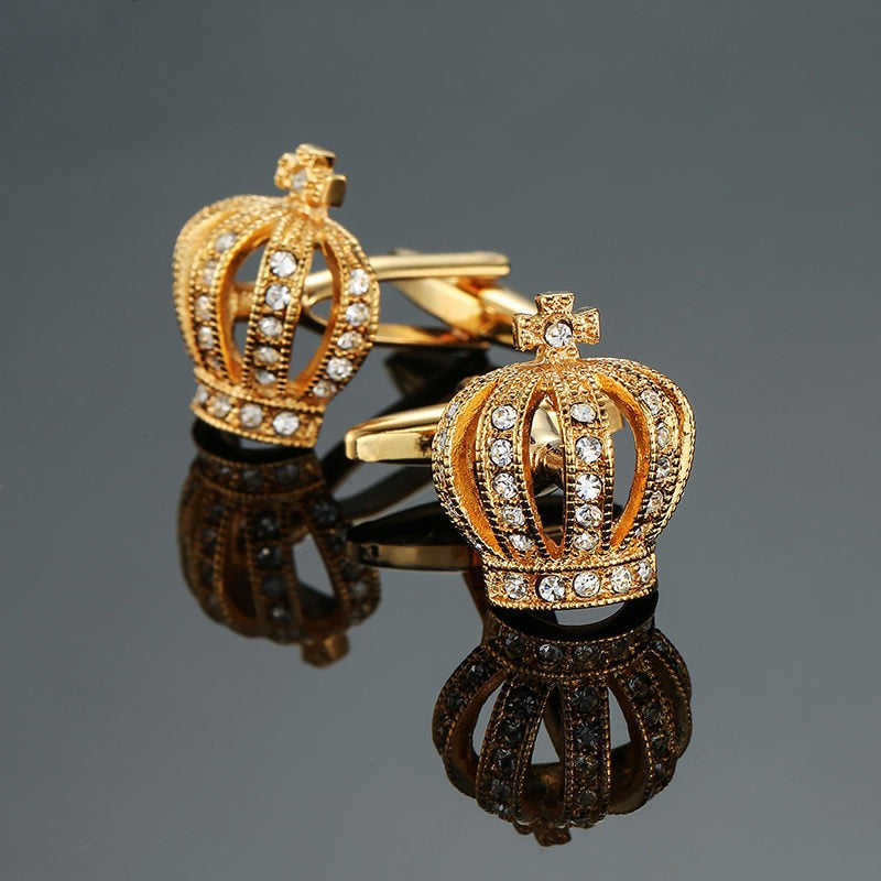 Novelty Luxury Blue white Cufflinks for Mens Brand High Quality crown Crystal gold silvery Cufflinks Shirt Cuff Links