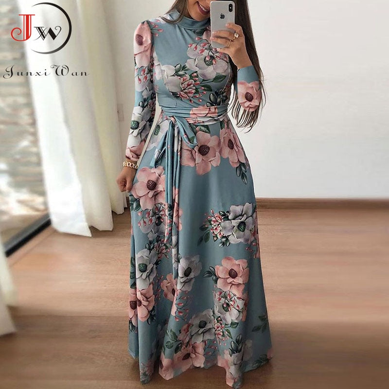 Women Summer Maxi Dress 2021 Casual Short Sleeve Boho Floral Print Long Dress Turtleneck Bandage Elegant Party Dresses Vestidos