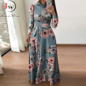 Women Summer Maxi Dress 2021 Casual Short Sleeve Boho Floral Print Long Dress Turtleneck Bandage Elegant Party Dresses Vestidos