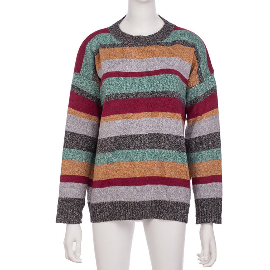 women pullover sweater Plus Size Women Knitted Patchwork Stripe Long Sleeve O-Neck Sweater Top chandail femme свитер зима#XB40