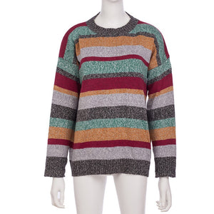 women pullover sweater Plus Size Women Knitted Patchwork Stripe Long Sleeve O-Neck Sweater Top chandail femme свитер зима#XB40