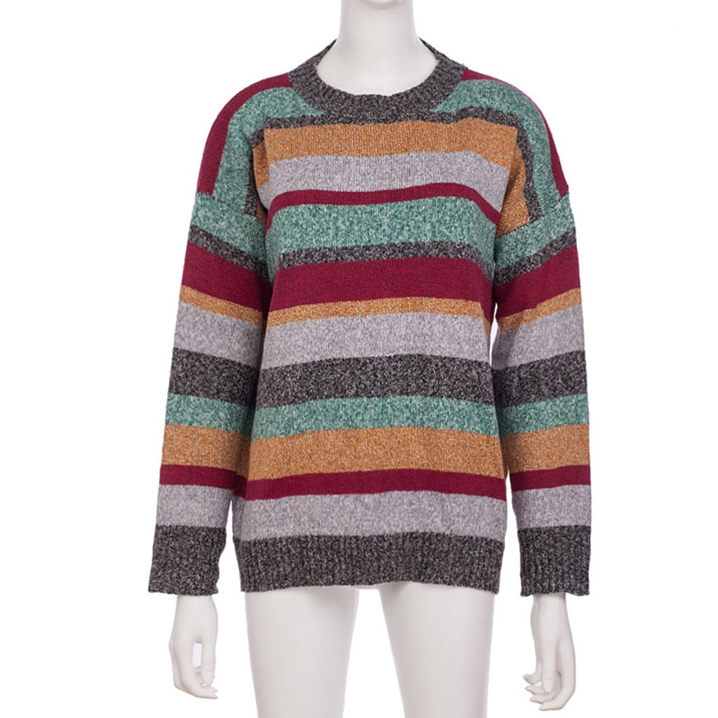 women pullover sweater Plus Size Women Knitted Patchwork Stripe Long Sleeve O-Neck Sweater Top chandail femme свитер зима#XB40