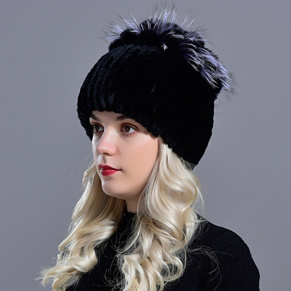 Raglaido Fur Hats for Women Winter Real Rex Rabbit Hat Fox fur kniting female warm snow caps ladies elegant princess beanies cap