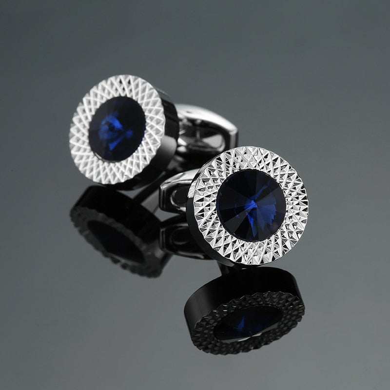 Novelty Luxury Blue white Cufflinks for Mens Brand High Quality crown Crystal gold silvery Cufflinks Shirt Cuff Links