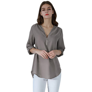 YMING Fashion Ladies Top Zipper Chiffon Top Office Casual Ladies Top Summer Ladies Top Long Sleeve Shirt Solid Color Blusas