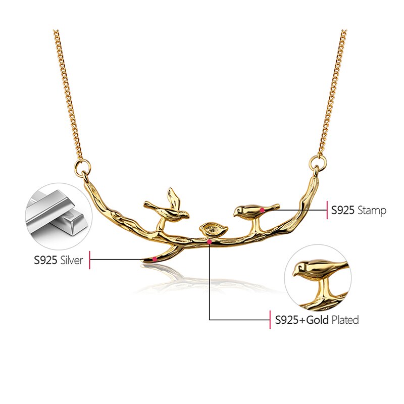 Lotus Fun Real 925 Sterling Silver Handmade Designer Fine Jewelry Cute Bird on Branches Necklace with Pendant for Women Collier
