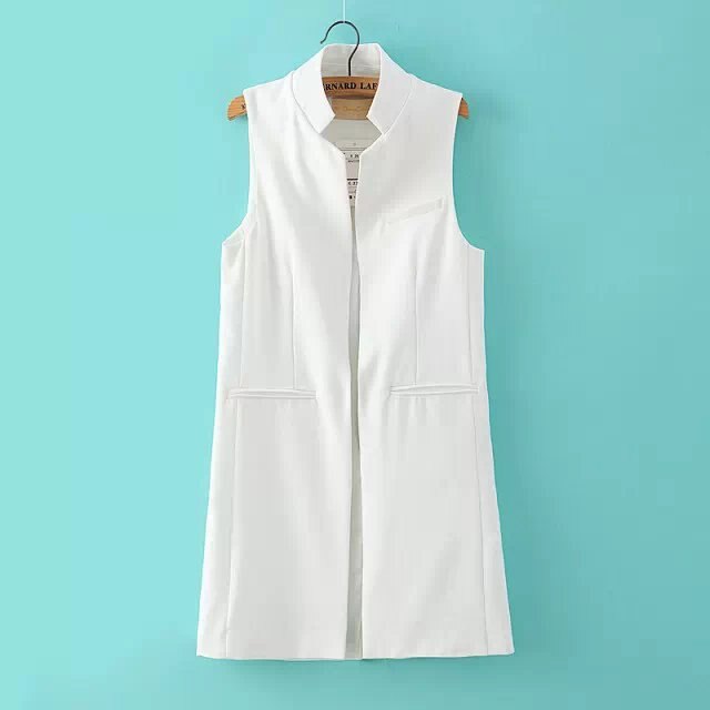 Aelegantmis Stand Collar Fashion Black Blazer Vest Women Long Waistcoat OL Elegant Cardigan Sleeveless Coat Ladies Back Slit