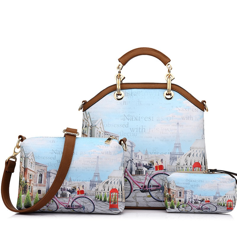 REALER woman 3 pcs printed handbag women large tote bag artificial leather shoulder messenger bags female small coin purse