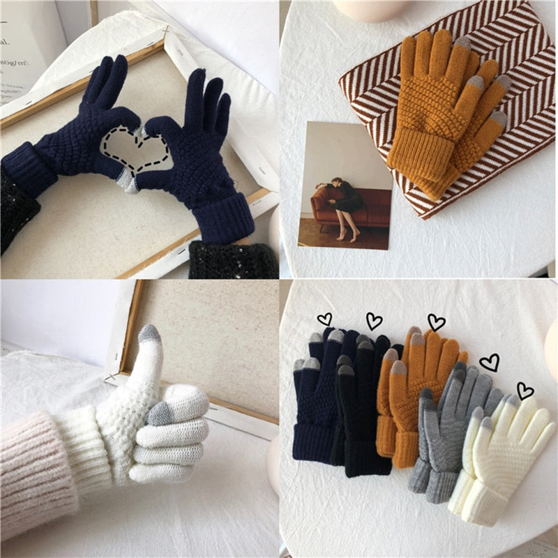 Winter Touch Screen Gloves Women Men Warm Stretch Knit Mittens Imitation Wool Full Finger Guantes Female Crochet Luvas Thicken