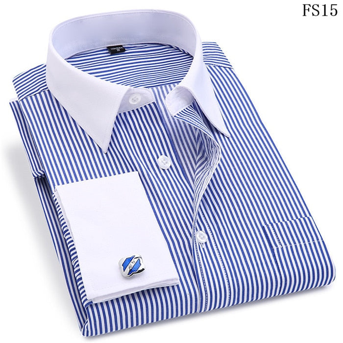 Men French Cufflinks Shirt 2020 New Men's Stripes Shirt Long Sleeve Casual Male Brand Shirts Slim Fit French Cuff Dress Shirts