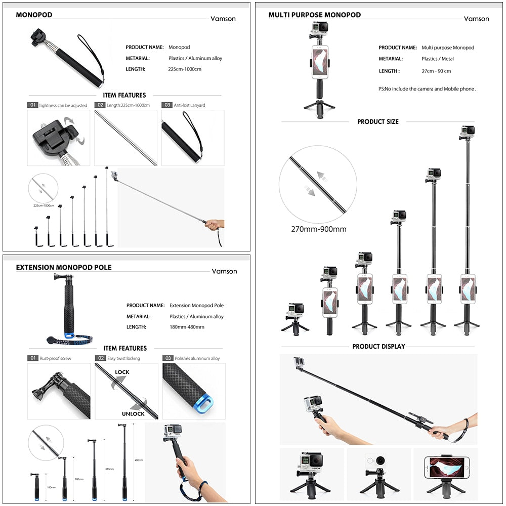 Vamson for Gopro Accessories Set for go pro hero 8 7 6 5 4 kit 3 way selfie stick for Eken h8r / for xiaomi for yi EVA case VS77