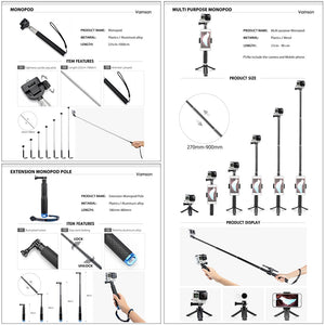 Vamson for Gopro Accessories Set for go pro hero 8 7 6 5 4 kit 3 way selfie stick for Eken h8r / for xiaomi for yi EVA case VS77