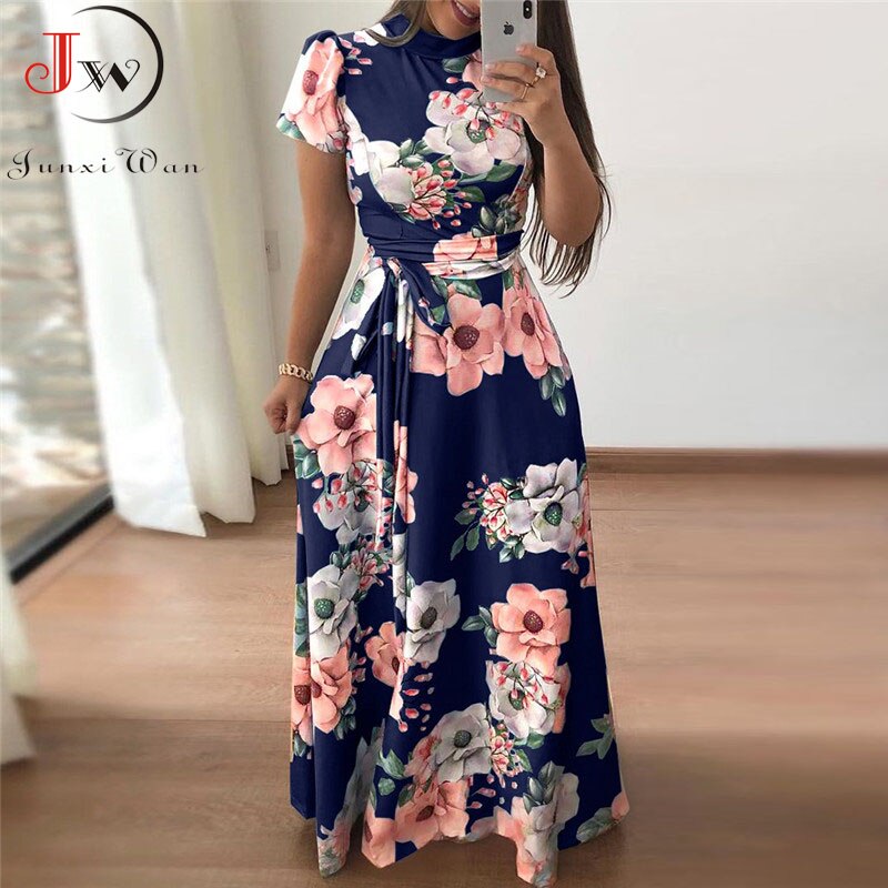 Women Summer Maxi Dress 2021 Casual Short Sleeve Boho Floral Print Long Dress Turtleneck Bandage Elegant Party Dresses Vestidos