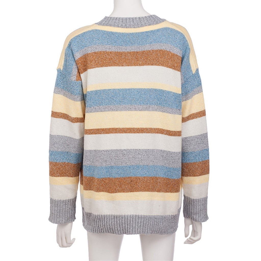 women pullover sweater Plus Size Women Knitted Patchwork Stripe Long Sleeve O-Neck Sweater Top chandail femme свитер зима#XB40