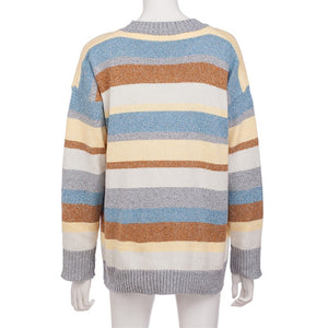 women pullover sweater Plus Size Women Knitted Patchwork Stripe Long Sleeve O-Neck Sweater Top chandail femme свитер зима#XB40