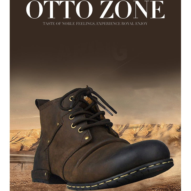 OTTO Top Quality Handmade High Shoes Boots Rivet Spring Boots With Fur Genuine Cow Leather Men's Fashion Shoes Free Shipping