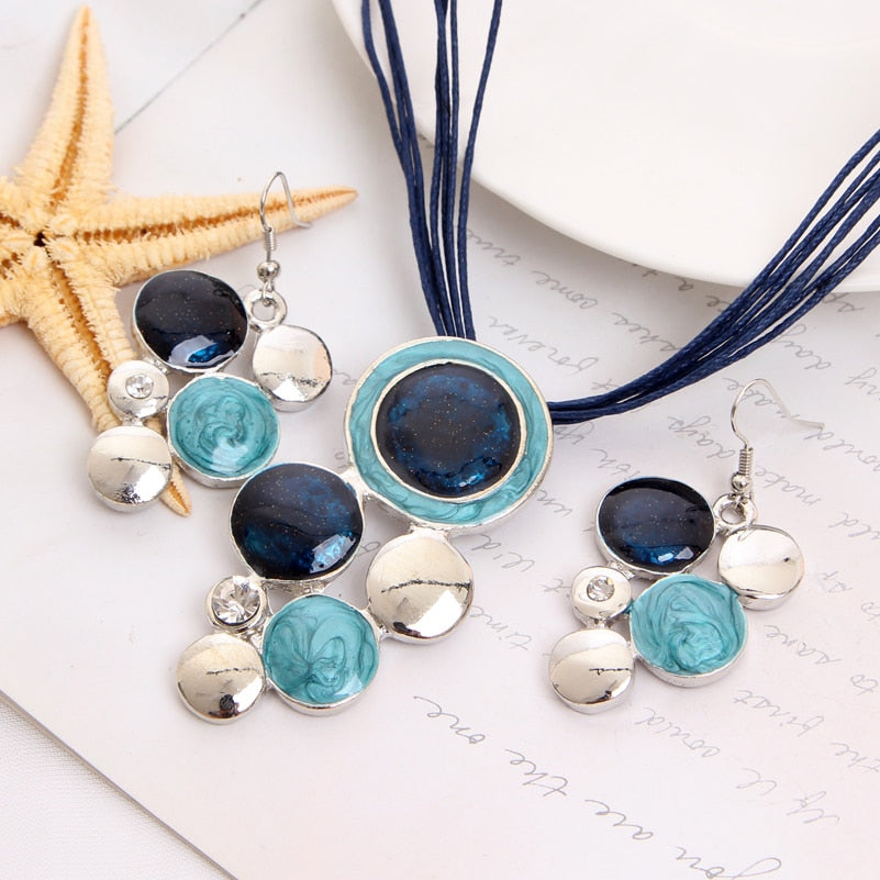 Fashion Brand Jewelry Sets Blue Rope Chain Round Beads Pendant Necklace Drop Earring High Quality Free Shipping Wedding Jewelry