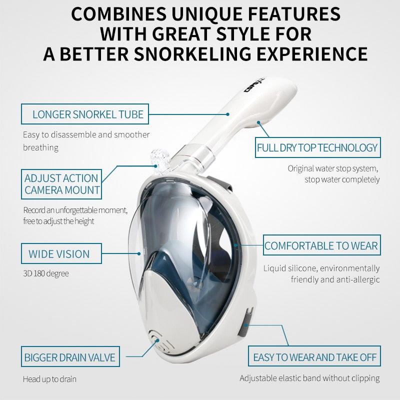 COPOZZ Full Face Scuba Diving Mask Anti Fog Goggles with Camera Mount Underwater Wide View Snorkel Swimming mask for Adult Youth